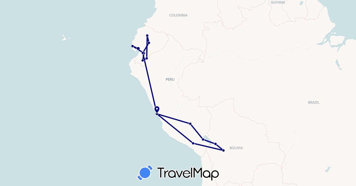 TravelMap itinerary: driving in Bolivia, Ecuador, Peru (South America)